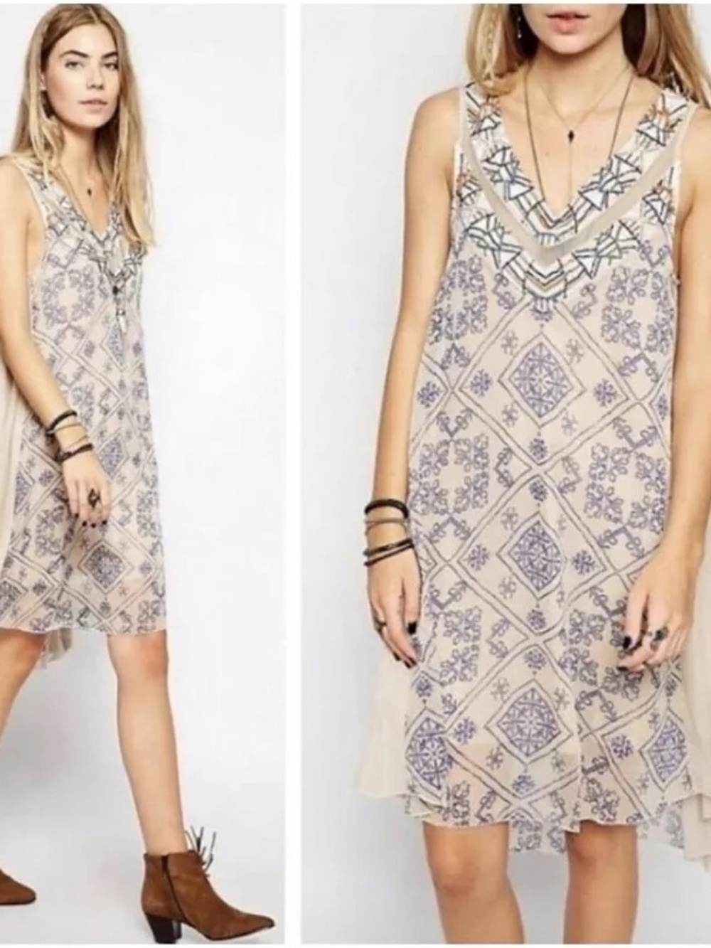 Free People Ancient Mystery Blue Print and Beaded Neckline Dress